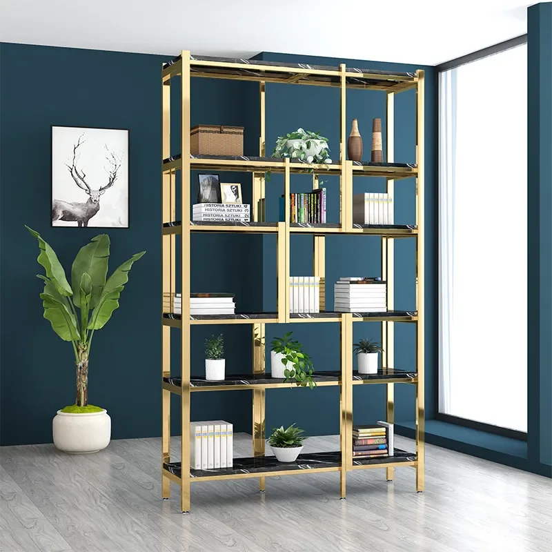 Nordic Wrought Iron Bookshelf Modern Metal Floor Display Rack Light Luxury Living Room Office Partition Shelf Simple Storage