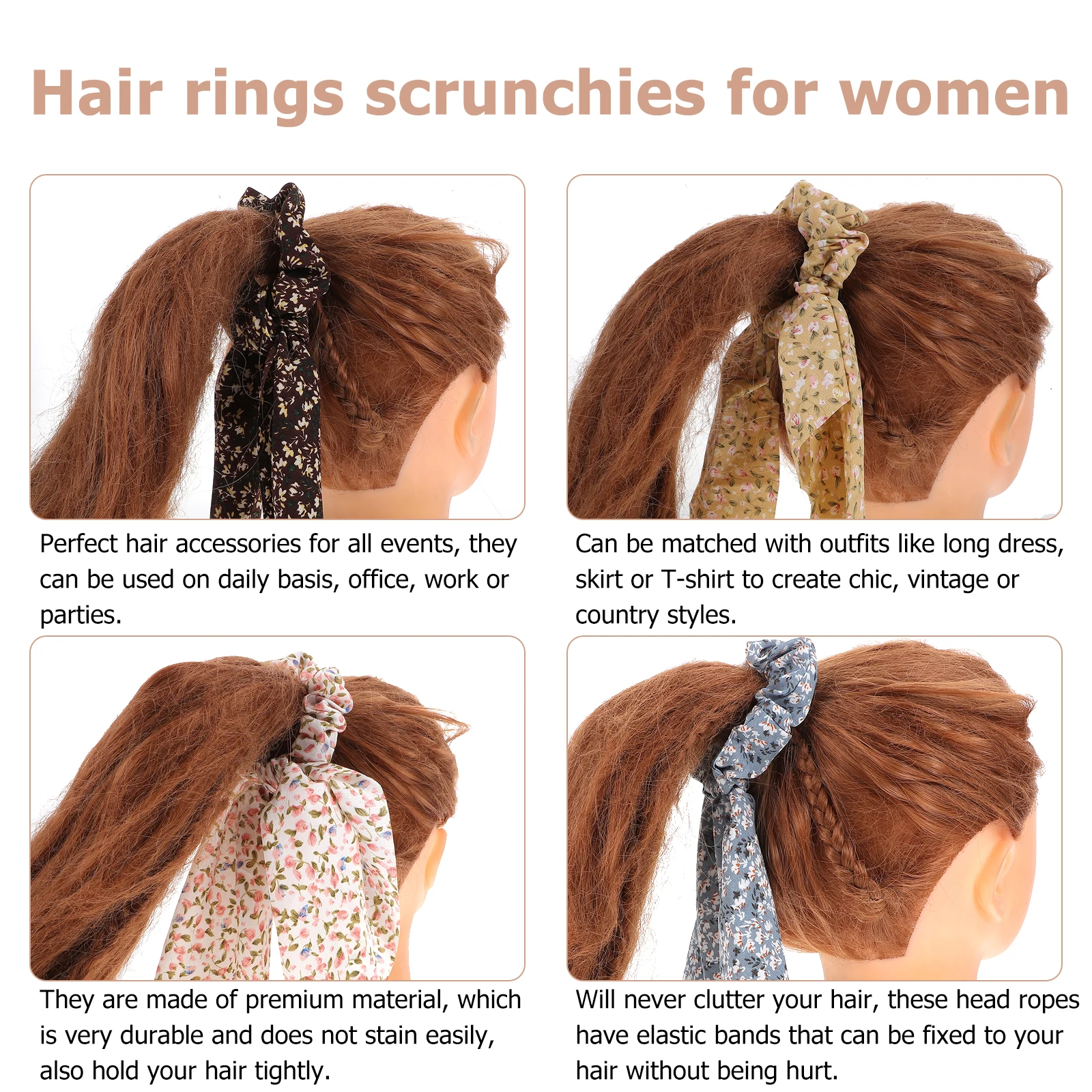 

4pcs Hair Ropes Premium Elastic Ribbon Ties For Women Vintage Style Scrunchies Hair Accessories Party Office Daily Use