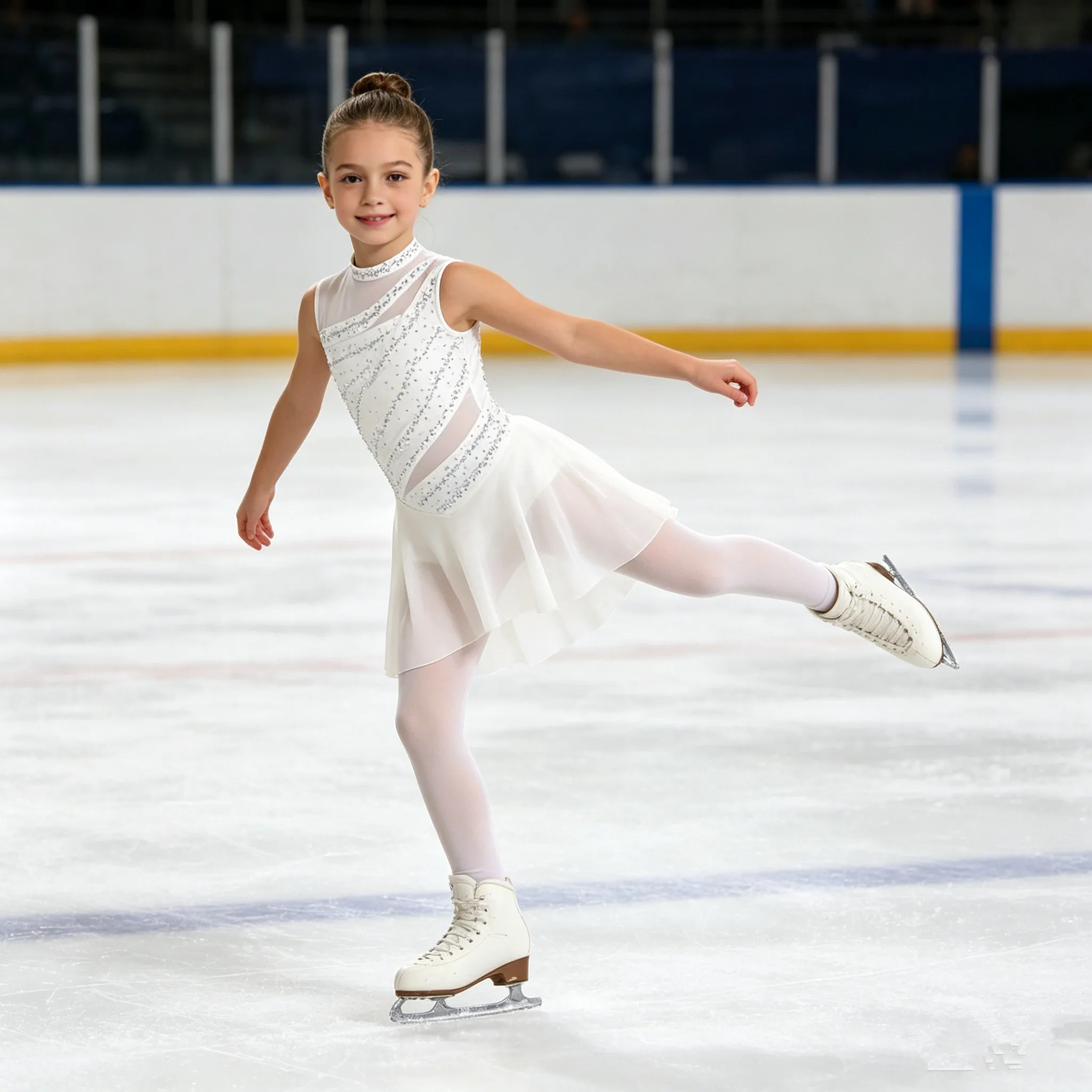 Kids Girls Figure Skating Dress Sleeveless Sheer Mesh Shiny Rhinestone Modern Lyrical Dance Gymnastics Leotard Dresses Dancewear