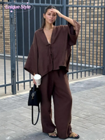 Fashion Brown Loose Pants Set For Women Casual V Neck Long Batwing Sleeves Lace Up Shirt Suit 2025 Summer Ladies High Streetwear