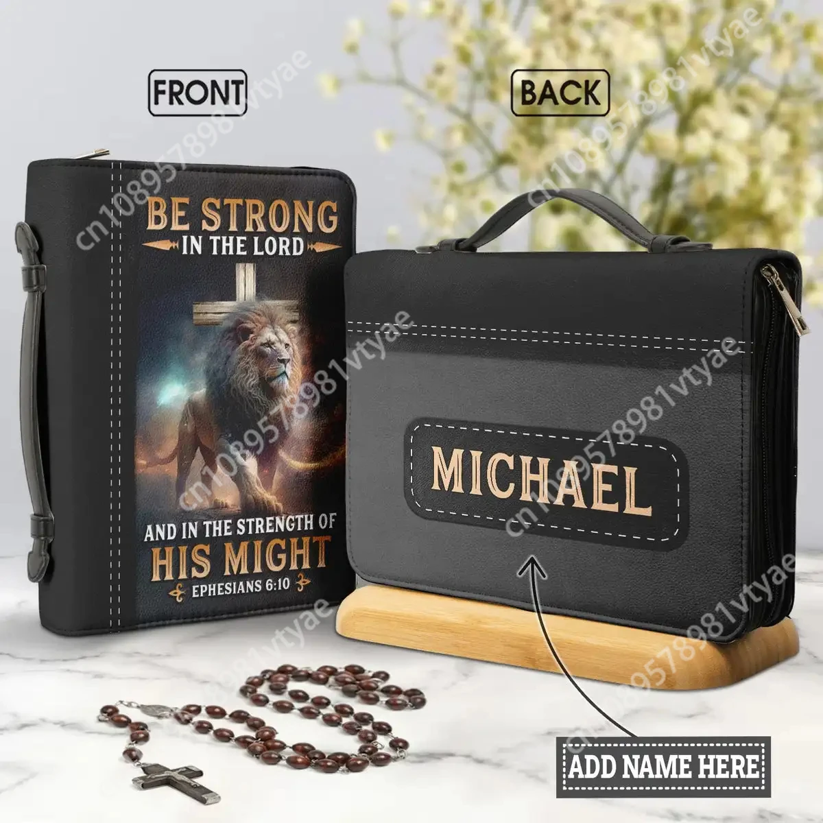 

Lion Cross Bible Hymns Print Leather Bible Bag Handbags Be Strong in The Lord Words Bible Carrying Case Handle Study Book Case