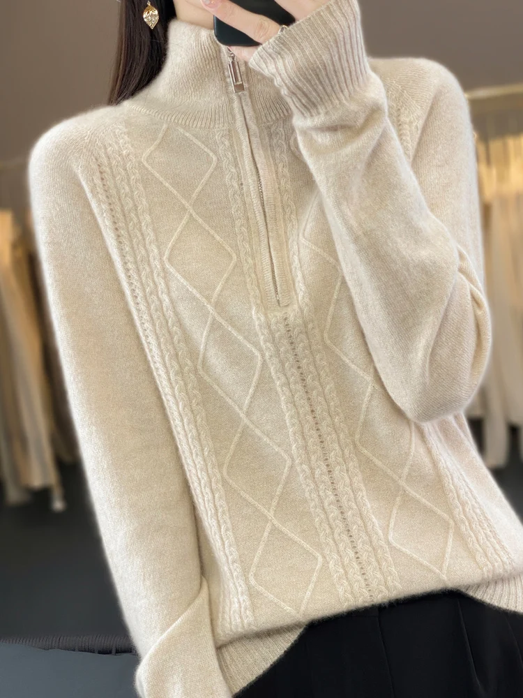 Autumn Winter Women Cashmere Sweater 100% Merino Wool Pullover Half Zipper Turn Down Collar Knitwear Soft Casual Jumper Clothing