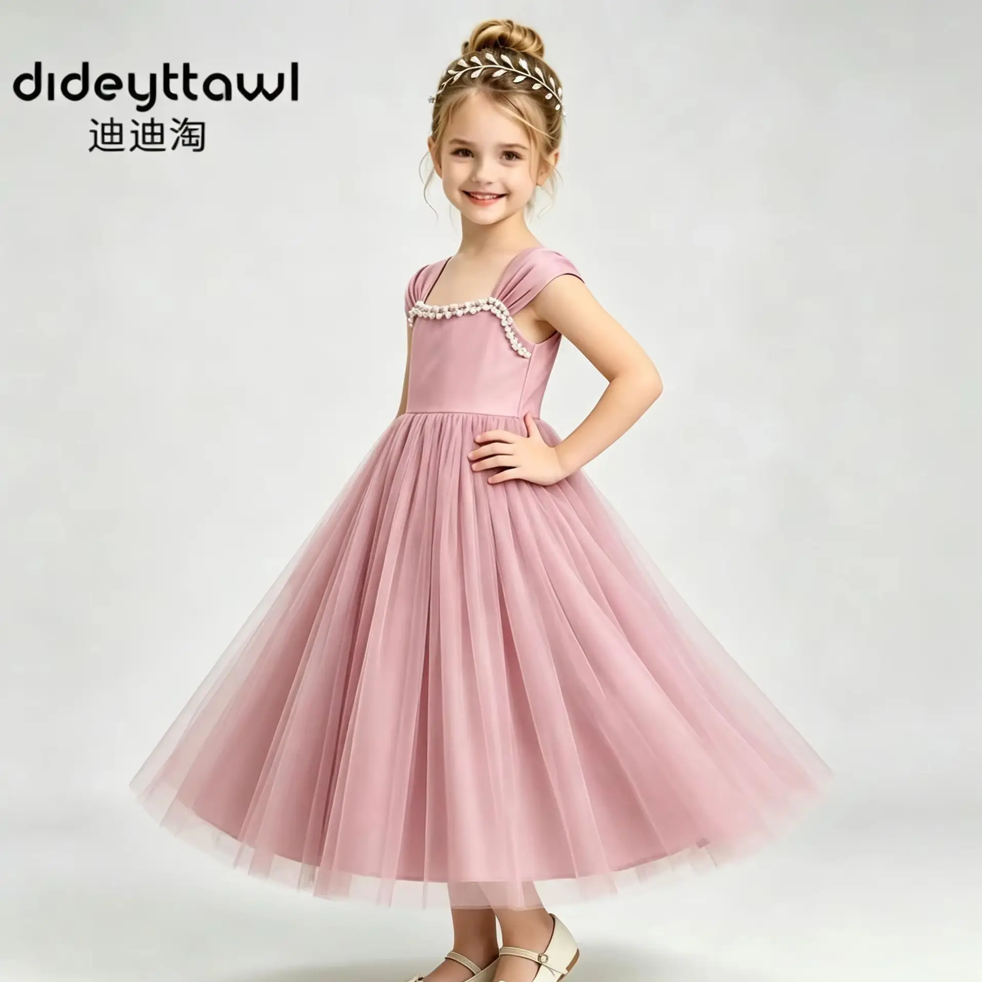 Dideyttawl Kids Tulle Long Formal Dress Square Neck Pearl Beading Princess Gown Multi Color Flower Dress For Wedding Bridesmaid