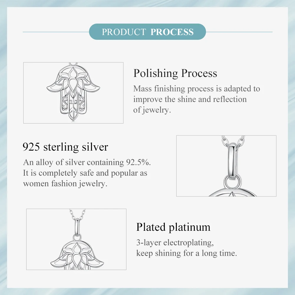 Bamoer 925 Sterling Silver Guardian Fatima's Hand Pendant Necklace Flower Pattern Neck Chian for Women Platinum Plated SCN490 image 5