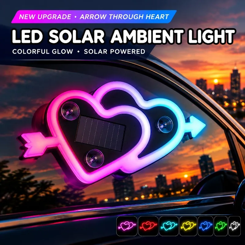1Pc Cupid's Arrow Heart Shape Car Ambient Light, Solar Wire-Free LED Decor Lamp for Triangle Window, Auto Interior Decoration