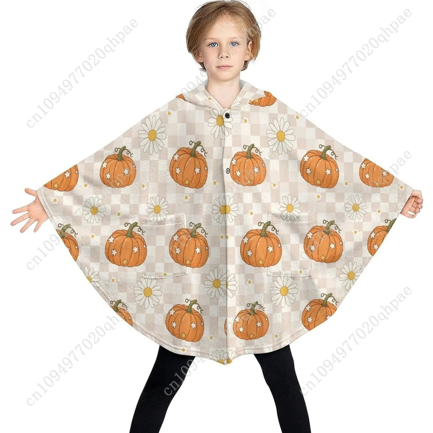 سترة بطانية مريحة من الفلانيل، هوديي كبير الحجم بنمط اليقطين ديزي مع جيوب للأطفال والمراهقين #3