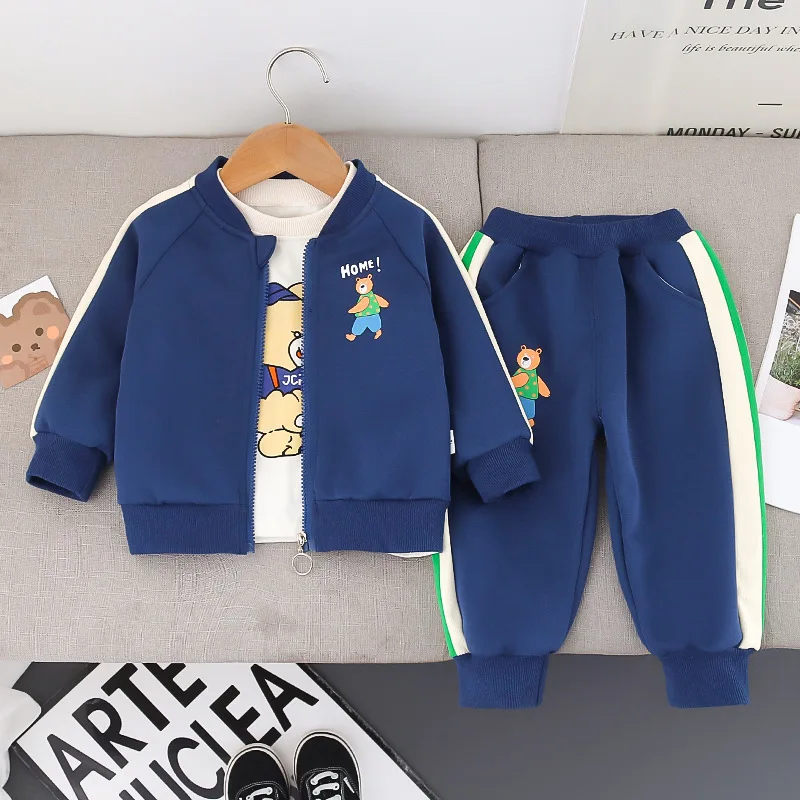 New Toddler Boys Outfits for Kids Cartoon Long Sleeve Zipper Cardigan Coats + White T-shirts + Pants Set 3PCS Childrens Clothing