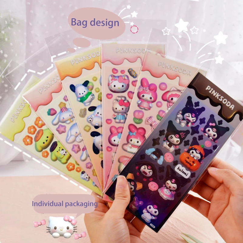 Sanrio Creative 3d Laser Kawaii Stickers Hellokitty Pochacco Cartoon Fine Flash Diy Ledger Stickers Decorative Material Gifts