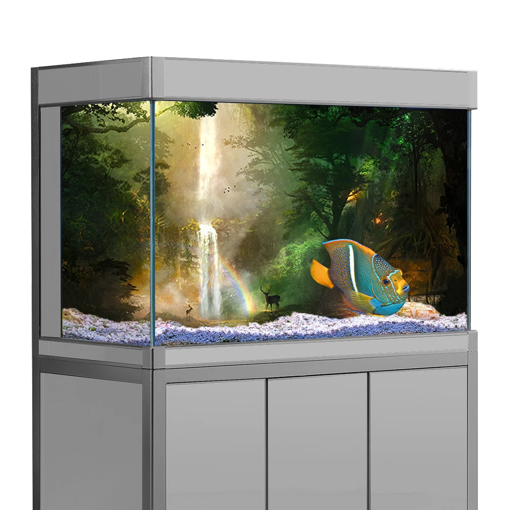 

Fish Tank Background Sticker, Jungle Forest Falls Deer Waterfall HD Printing Wallpaper Aquarium Backdrop Decorations PVC