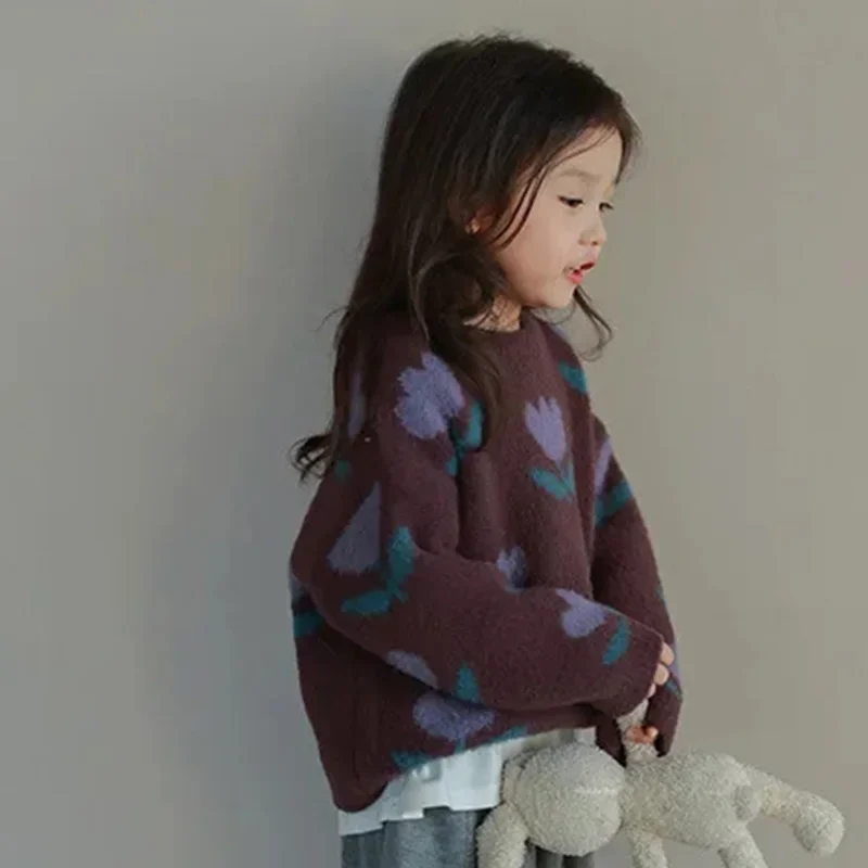 

Baby Girls' Flower Pullover Sweater Autumn Winter New Korean Style Knitwear Girls Fashion Kids Outfit Children Dark Coat E3883