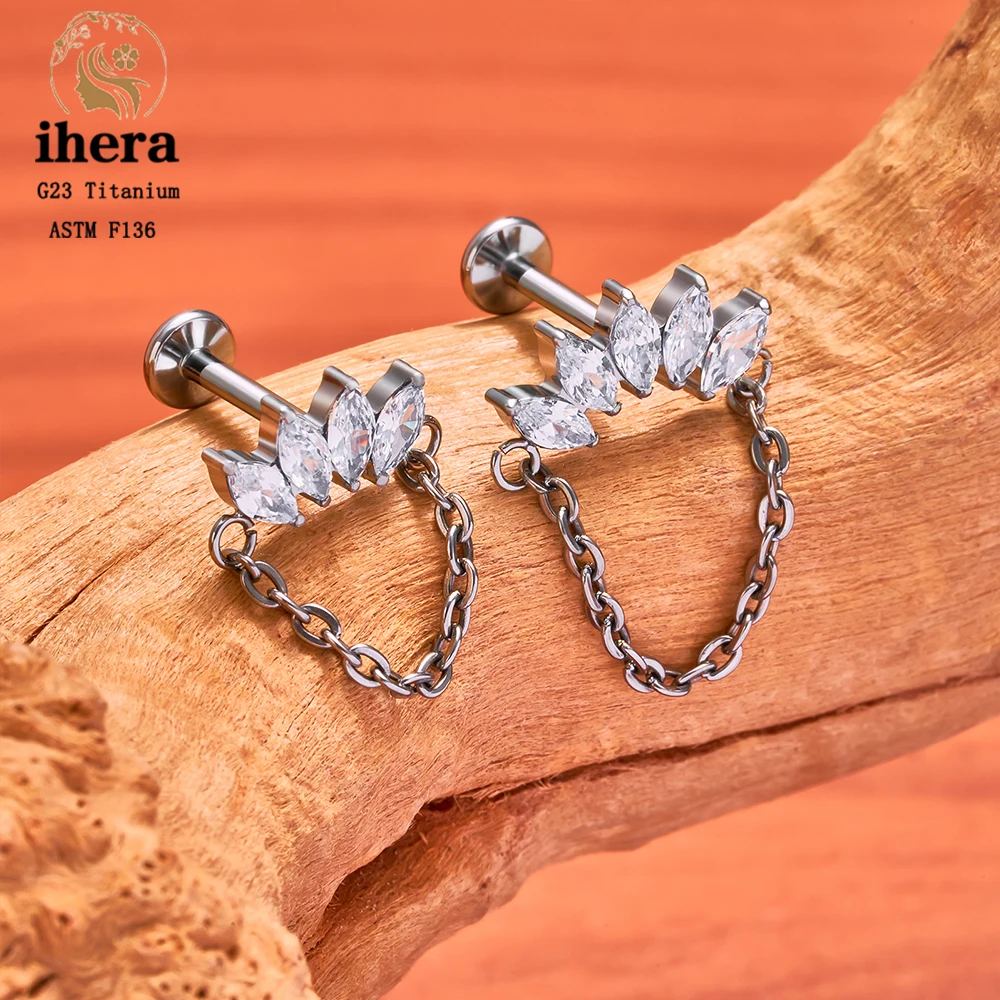 ASTM F136 Titanium Ear Cartilage Earrings Internal Thread 16G Hidden Helix Stud CZ Drape Chain Flat Back Tragus Piercing Jewelry