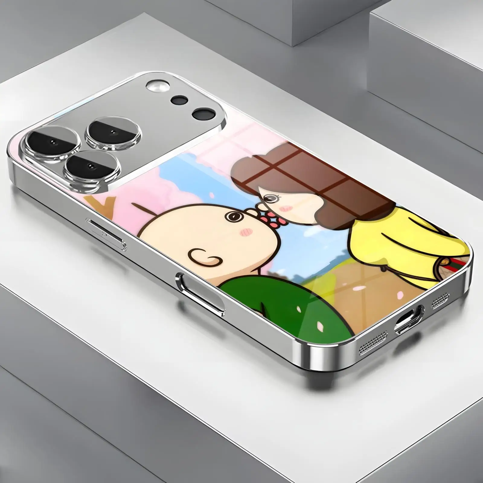 

Phone Case For iPhone17 16 16e 15 14 13 12Plus Mini Pro Max Electroplated glass Phone Case anime Bangbang and Yuzhi