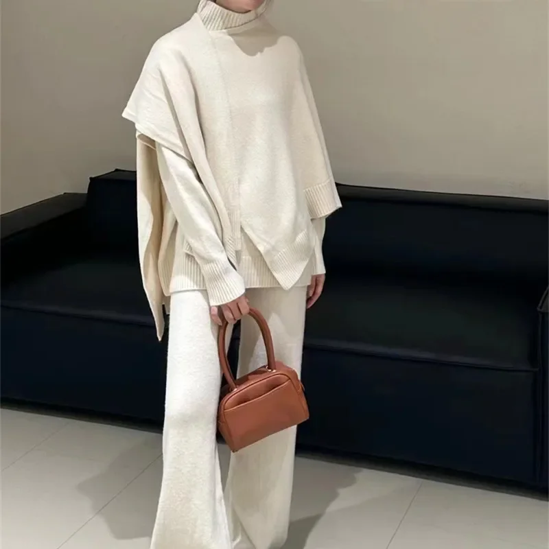 Autumn and Winter New Women's High-grade Knit Sweater Set Wide Leg Pants Three-piece Loose Fashion Set