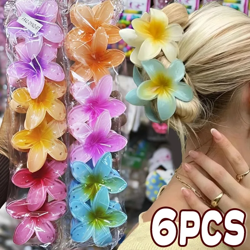 1/6 pièces Pince à cheveux en acrylique dégradé, motif floral tropical élégant, style Hawaï, pour femmes et filles, accessoire capillaire type bec de canard ou pince griffe