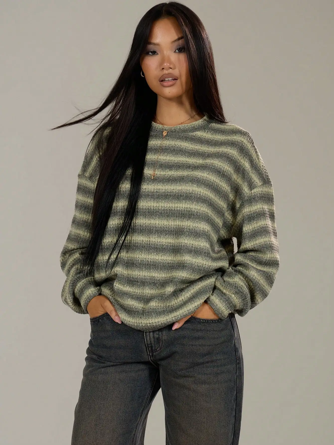 

Neck Striped Jumper Spring Casual Y2k 90's Stripe Oversized Airport Fall Autumn Winter Everyday Christmas Work Chic