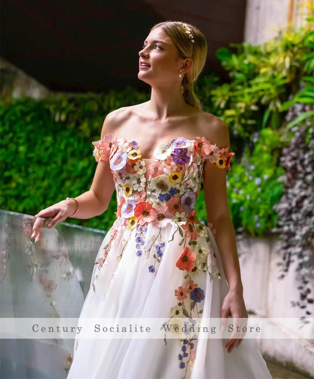 Abiti da sposa floreali in pizzo ricamato colorato con spalle scoperte Tulle Foresta Woodland Boho Abiti da sposa personalizzati