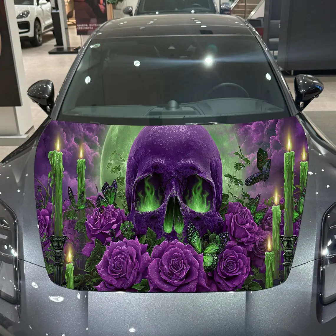 

Purple Rose Skull Green Candle Gothic Art PVC Car Hood Wraps, Self-Adhesive Waterproof Car Bonnet Decal Sticker, Car Decoration