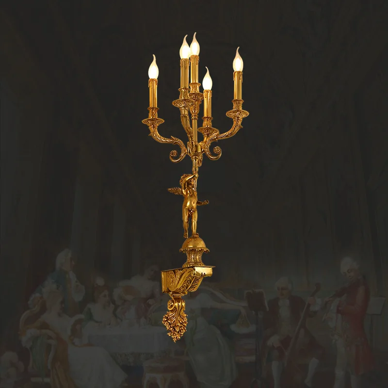European Luxury Classic Candle Brass Hotel Aisle Wall Lamp Indoor Decorative Large Led Wall Light for Living Room and Porch