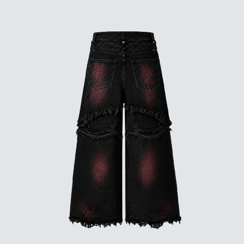 Gradient Red Fringed Wide Leg Jeans Black Punk Gothic Hip-Hop Work Pants Side Studded Pocket Pants Y2k Clothing