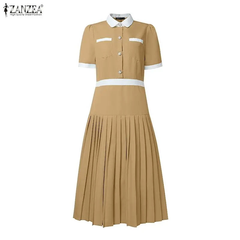 Stilvolle A-Linien-Plissee-Kleider ZANZEA 2026 Sommerkleid Damen Patchwork Arbeitskleid Elegantes Midi-Kleid mit Reverskragen Kurzarm-Sommerkleid