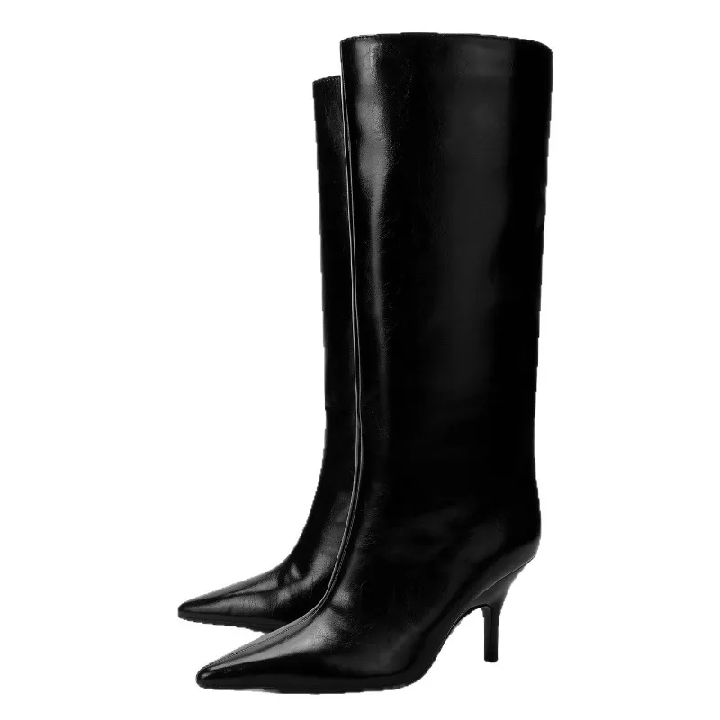 

Sexy Black Pointy Toe Soft Leather Knee Boots Women Fashion Kitten Heel Designer Boots Winter Comfortable Outdoor Knight Boots