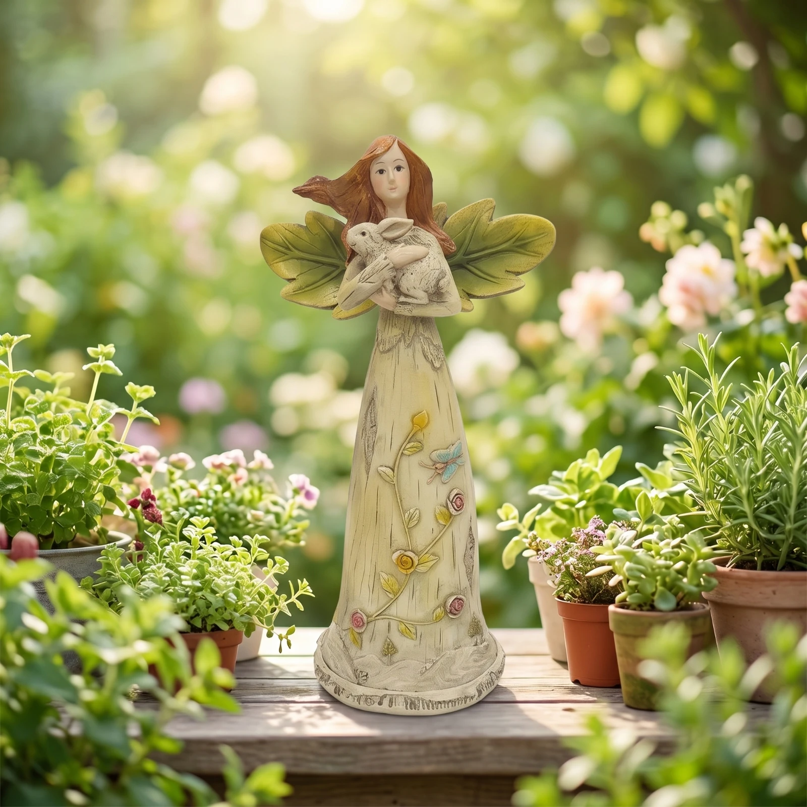 Angel Figurine with Rabbit Forest Angel Figurine Sculpture Detailed Decorative Accent Cute for Collector, Shelf, Entryway view 2