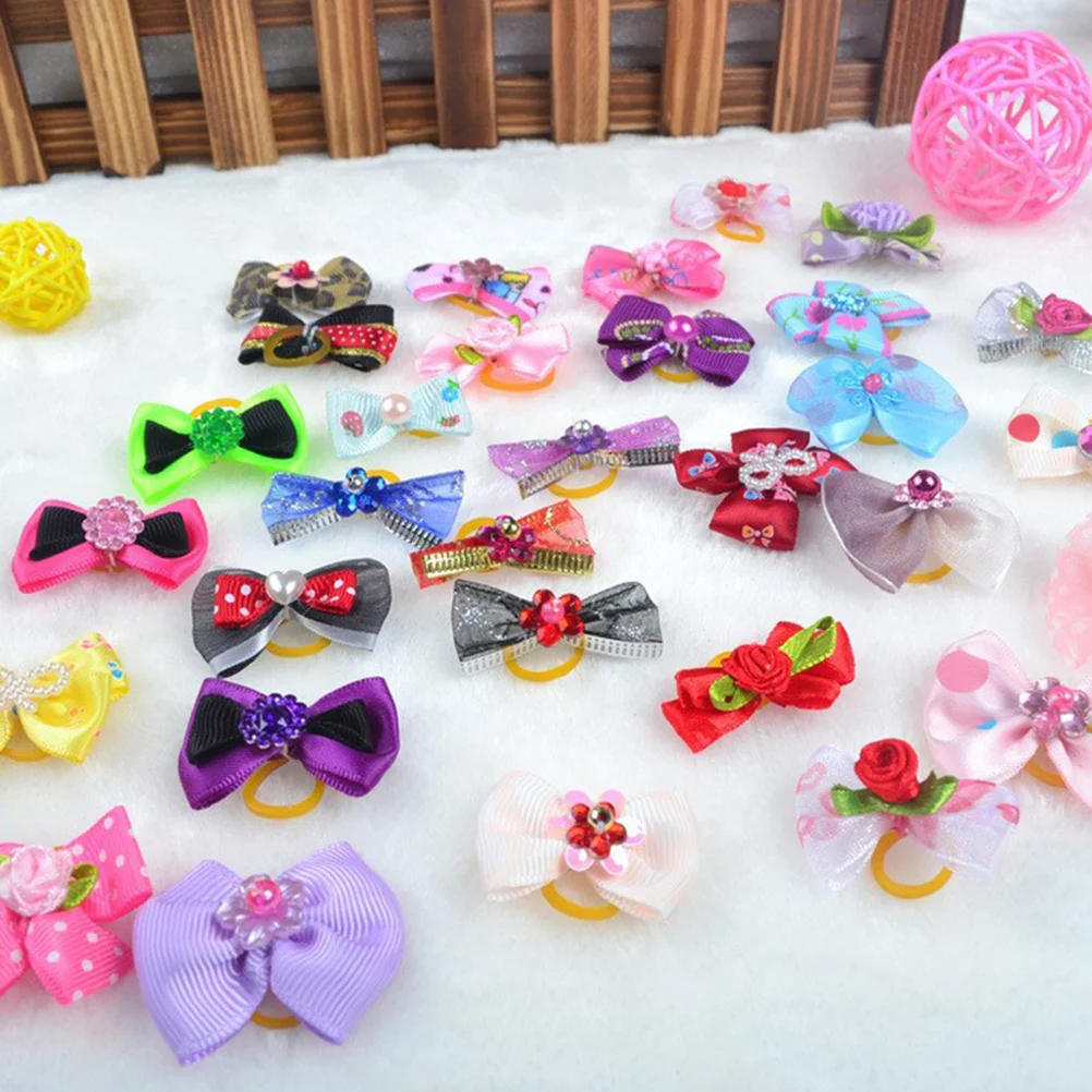 

30Pcs Durable Elastic Pet Hair Bands Multicolor Bowknot Rubber Bands Accessories for Dog Cat Braids Ponytails Knots