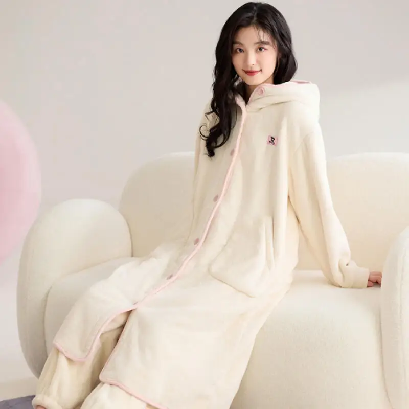 

Пижамы для девочек, домашняя одежда, фланелевая фланелевая теплая женская домашняя одежда с капюшоном из кораллового флиса, ночная рубашка, осенне-зимний комплект из двух предметов