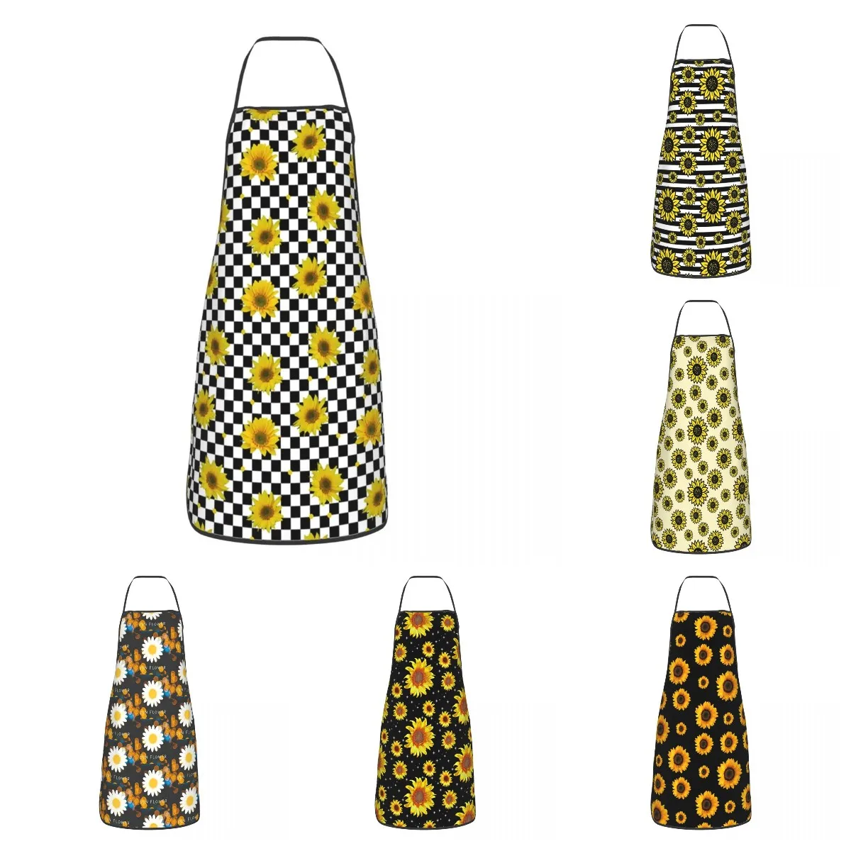 Bib Sunflowers On Checkered Squares Aprons for Men Women Adult Chef Kitchen Cooking Beauty Floral Tablier Cuisine Painting