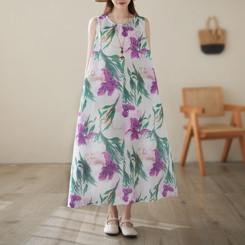 ฤดูร้อนดอกไม้ผ้าฝ้ายและผ้าลินินชุดเสื้อกั๊กผู้หญิงลําลองหลวมแขนกุดวันหยุด Boho Beach ชุดยาว Maxi Robe