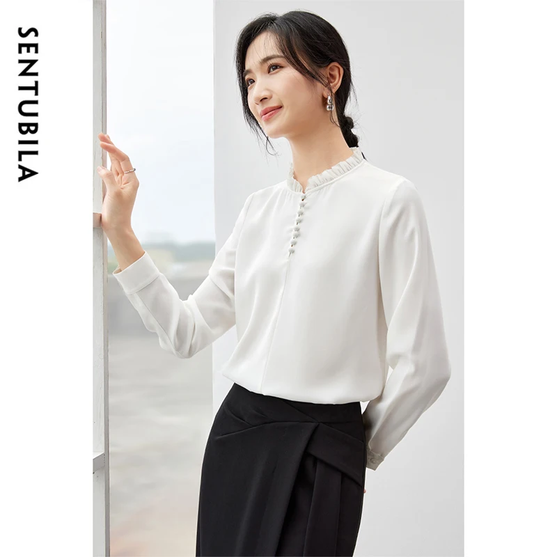 SENTUBILA Women\'s White Blouse 2024 Autumn Casual Loose Chiffon Stand-up Collar Long Sleeve Elegant Solid Women Tops 143V56666