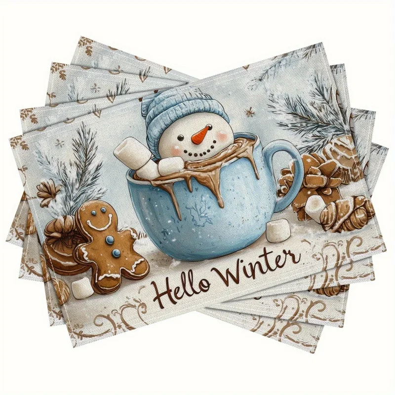 Hello Winter Snowman Linen Placemats, Gingerbread Man Printed Table Mats, Winter Holiday Dining Decor