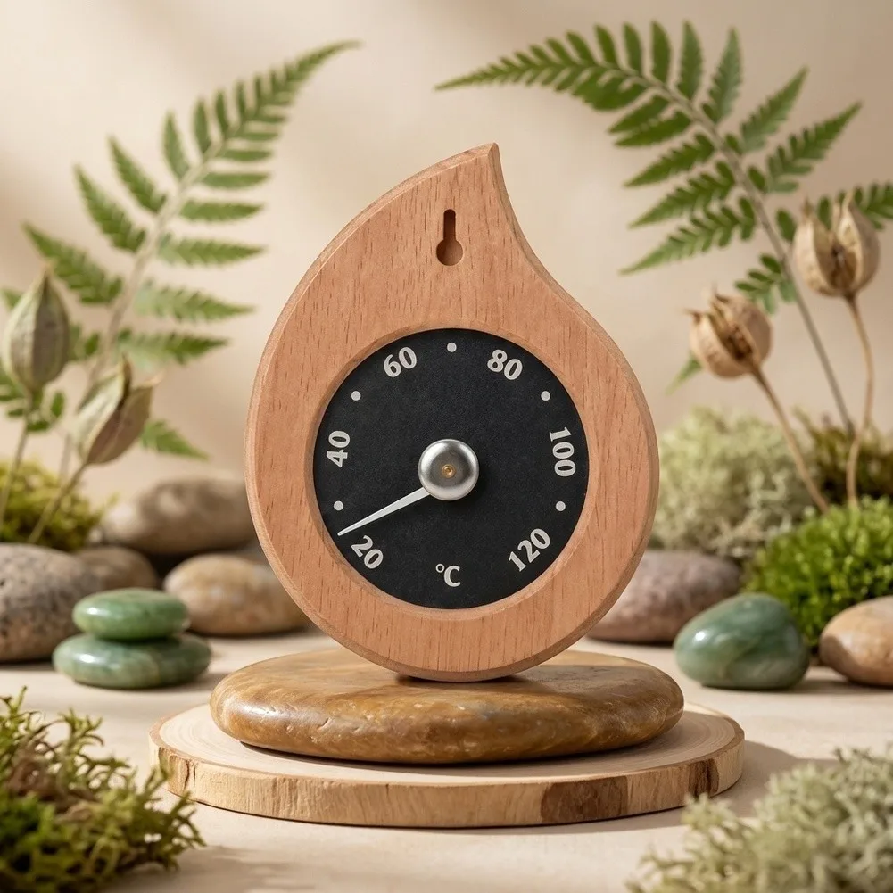 Sauna Heat Indicator with Teardrop Wooden Enclosure for Seamless Integration into Rustic and Modern Sauna Designs