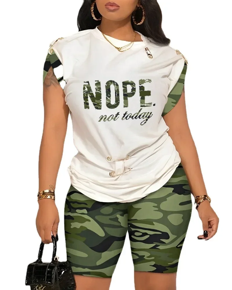 Frauen zweiteilige kurze Sets drucken Pin Rundhals-Tops Pullover Shirts Shorts elastische Taille Hosen Damen lässig Sommer