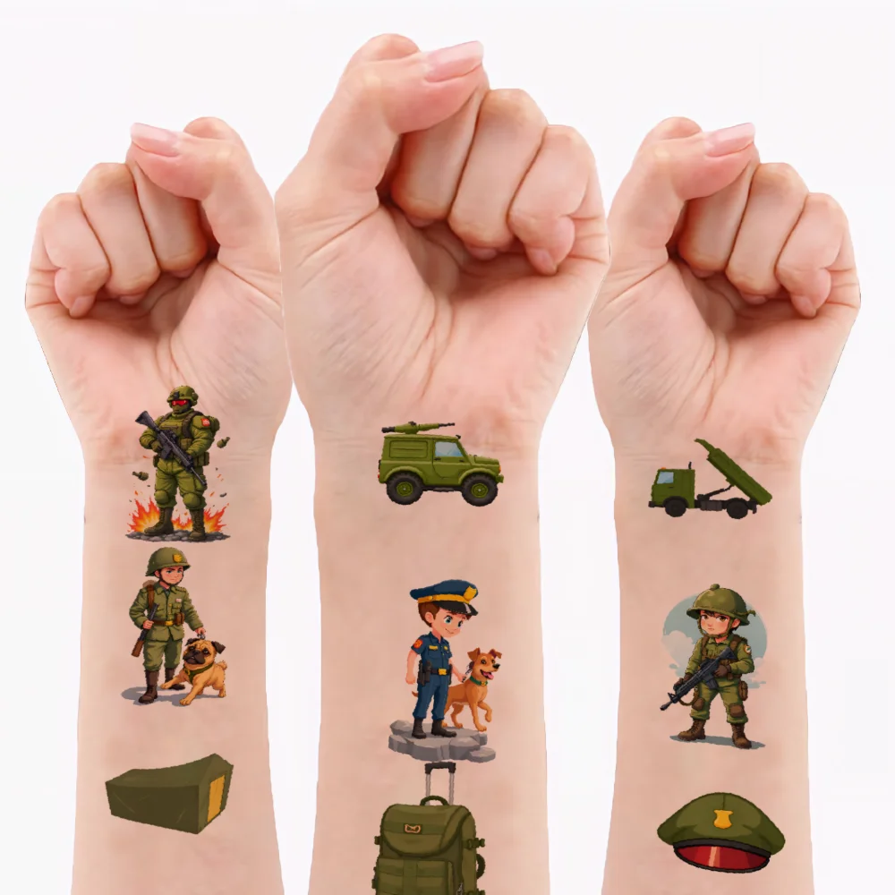 

63pcs Temporary Tattoo Soldier Stickers Temporary Tattoo Stickers Military Vehicles Cartoon For Cheeks Men Shoulders