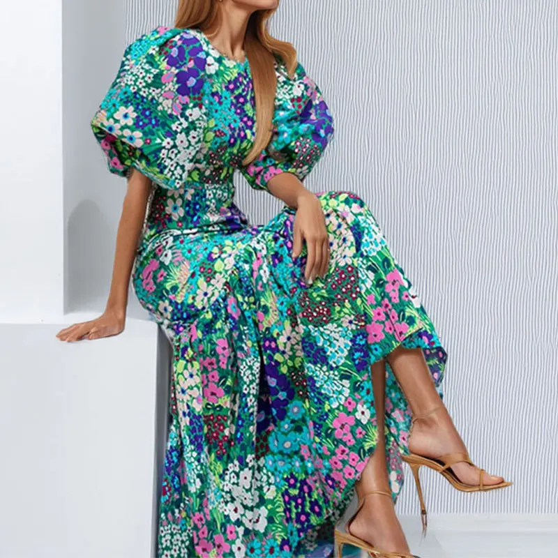 Elegant Blue Flower Print Lantern Sleeve And Ankle Fishtail Dress 2023 Summer Slim Bodycon O-neck Pastoral Style Party Dress