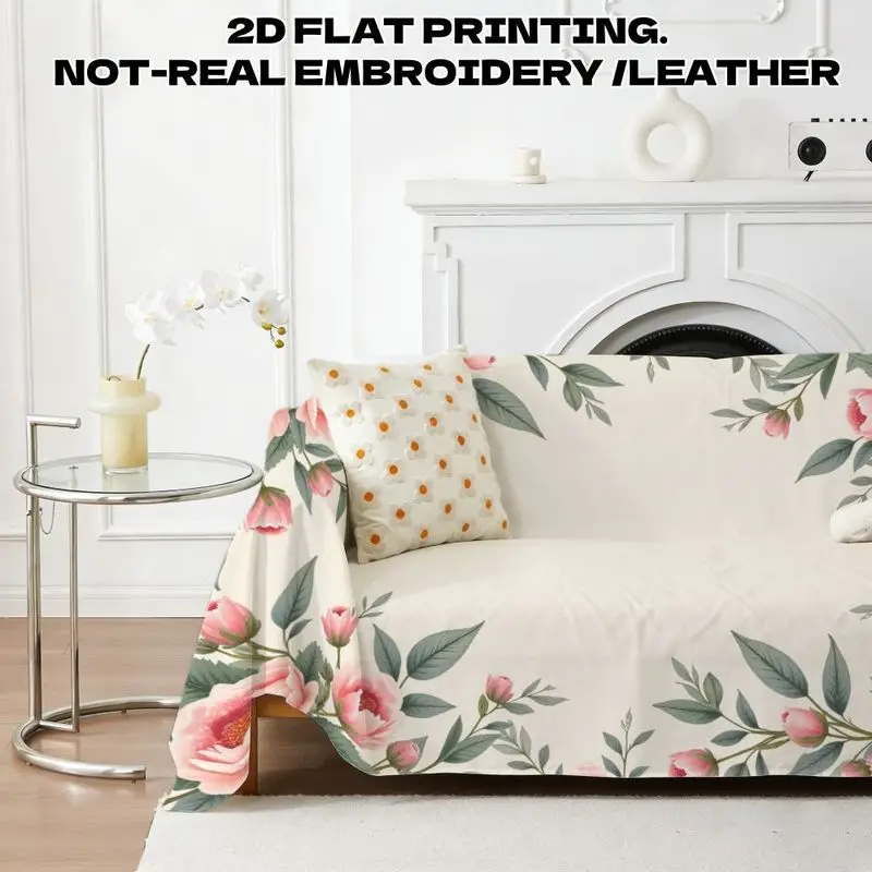 Chenille sofa towel floral embellishment symmetrical border pink peony with green leaf pattern sofa cover