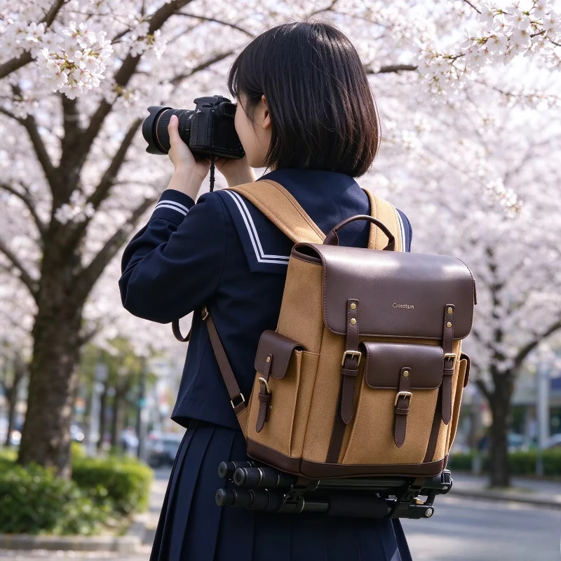 Vintage Canvas Camera Backpack with Convertible Shoulder Carry, Splash Resistant Fabric, Synthetic Leather Trim, Divided Storage