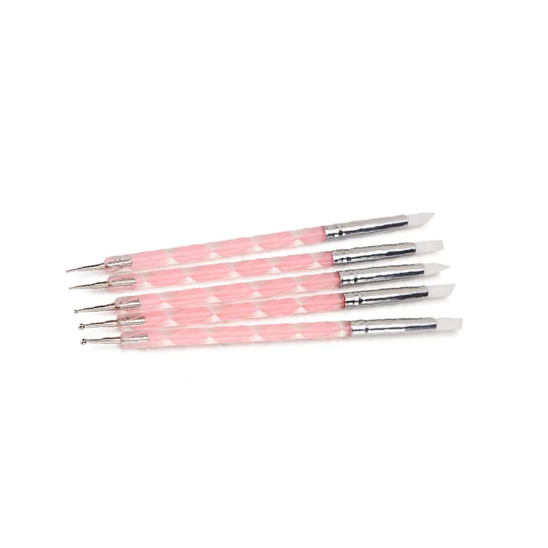 5Pcs 2 Way Nail Art Acrylic Silicone Point Flower Nail Pen Stainless Steel Dotting Tools Marbleizing Painting Pens