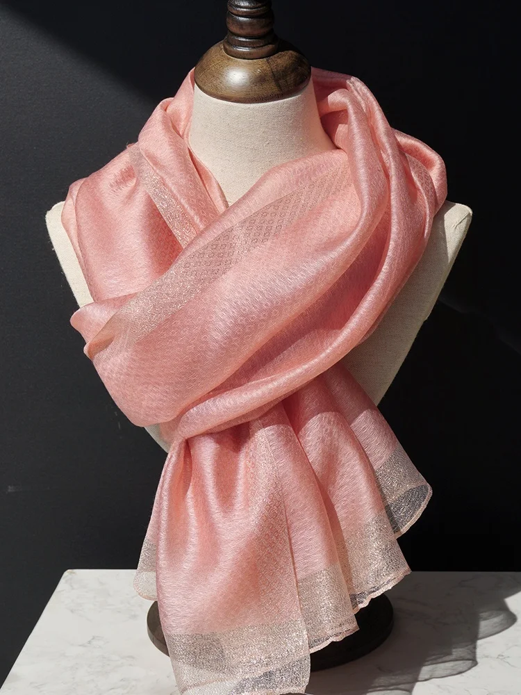 ピンクのシルクベルベットスカーフ、ゴールドトリム付き、女性用、新作2026スタイル、多用途アウターウェア、チャイナドレスショール、ツーインワン、韓国版