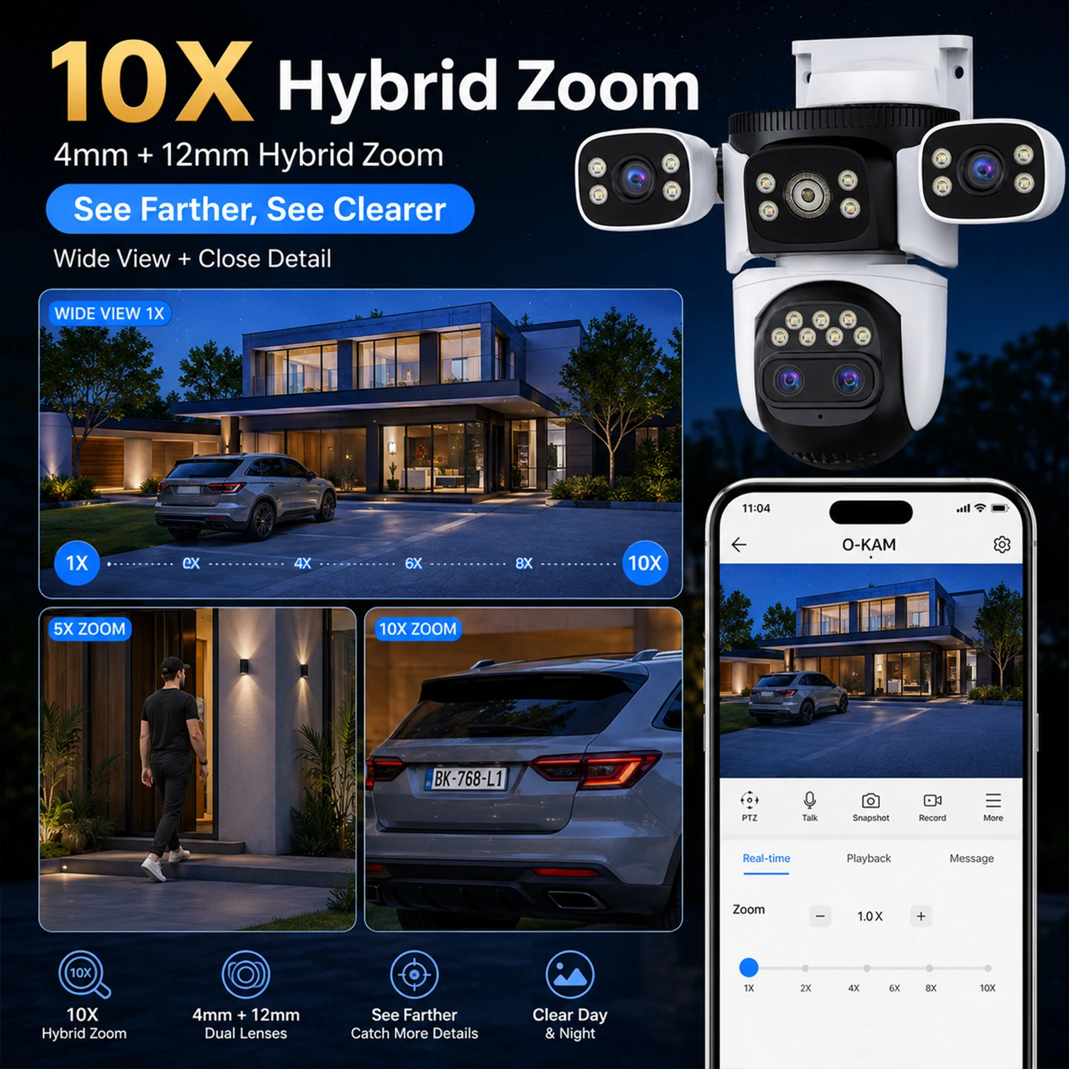 AUBERON 20MP PTZ WiFi Security Camera Outdoor 10X Zoom Four Lens Two Way Audio Human Auto Tracking Night Vision for Home IP CCTV