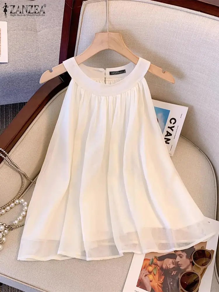 ZANZEA Summer Double Chiffon Vest Women Korean White Sleeveless Tanks 2024 Holiday O-neck A-line Tank Tops Casual Loose Camis