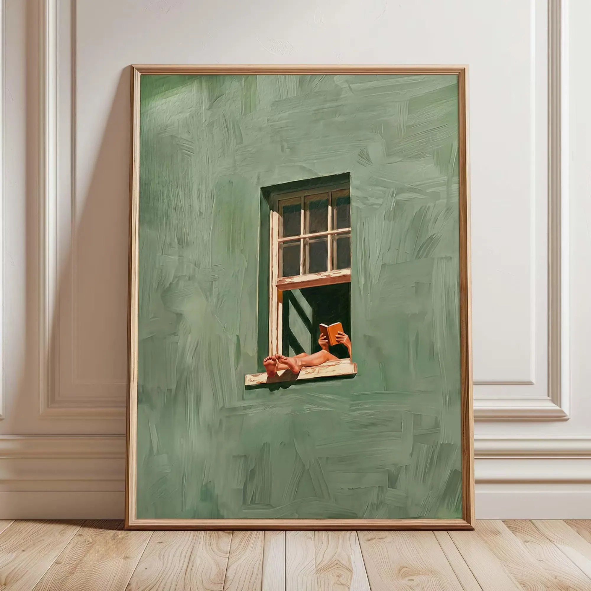 Woman Reading in The Window Canvas Print Minimalist Saint Green Reading Corner Wall Art Poster for Modern Book Lovers Home Decor