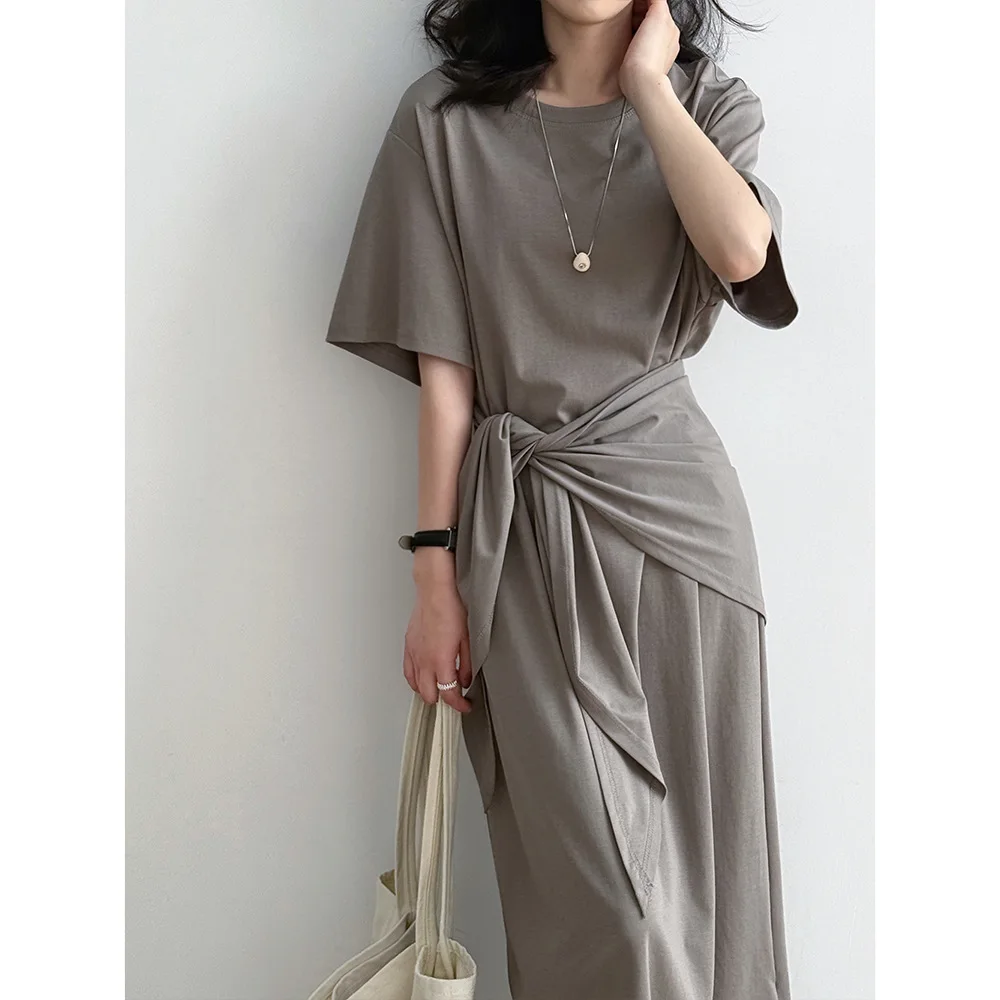 

Simple round neck short sleeved dress 2025 summer new shawl belt dual-use loose long skirt