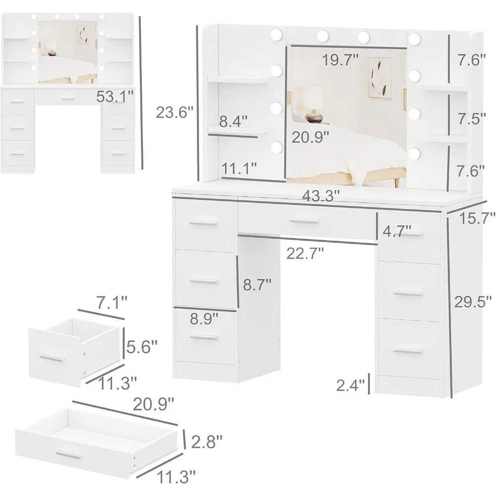 Makeup Vanity with 10 LED Lights & 7 Metal Sliding Drawers, Brightness Adjustable, Vanity Table with 6 Open Shelves,Makeup Table image 5