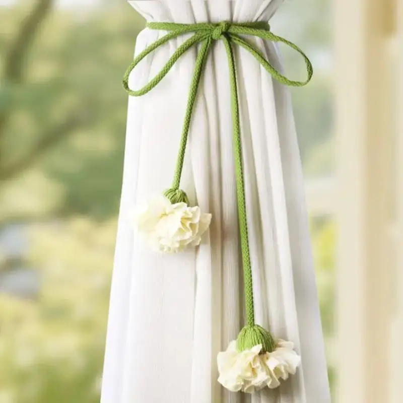 Elastic Band Curtain Tieback Flower Shape Adjustable Window Curtain Buckles Tassels No Punching Curtain Rope Holders Kids Room