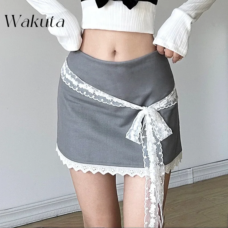 WAKUTA Fall/Winter Women's Street Fashion High-waisted Lace Half-body Skirt Women's Casual Y2k MiniA-word Short Skirt with Belt