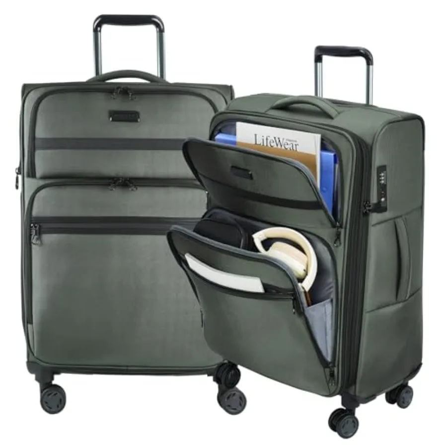 

24 Inch Softside Expandable Luggage with Front Business Pockets Army Green Spinner Wheels Built-in TSA Lock Durable Suitcase fo