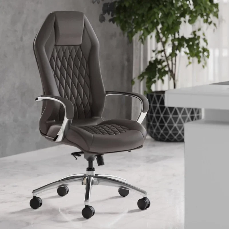 Furniture Modern Ergonomic Sterling Genuine Leather Executive Chair with Aluminum Base - Dark Grey