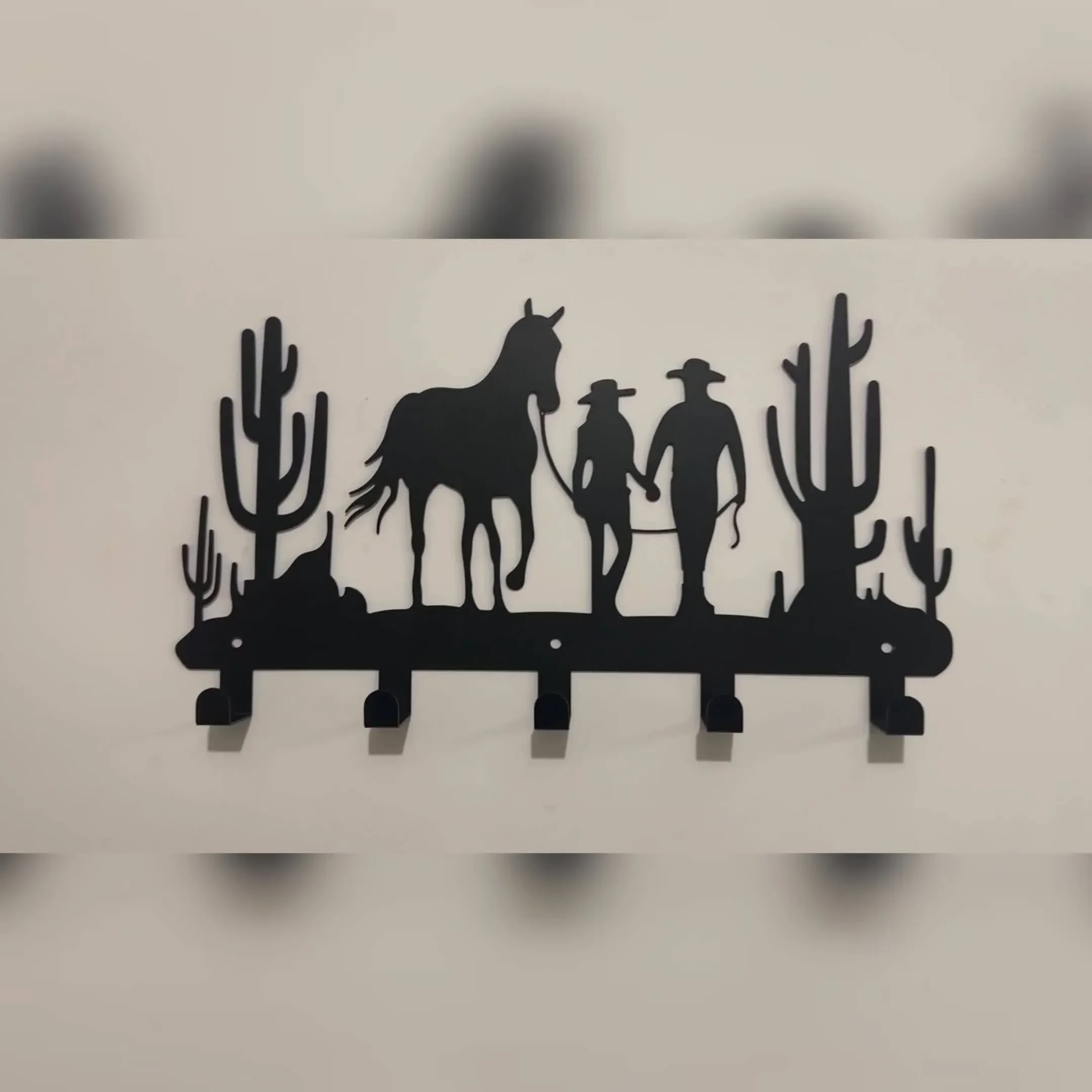 Western Cowboy Silhouette Wall Hook - Metal Wall-Mounted Coat Hanger with Cowboy on Horseback, Cacti & Sunset Design